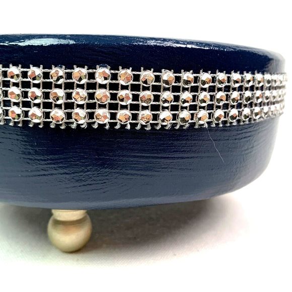 Wood Trinket Bowl Hand Painted Blue Metallic Silver Jeweled Repurposed Crafted - Picture 3 of 10